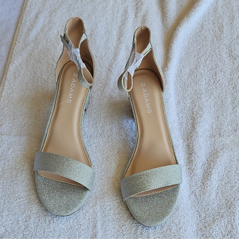 J. Adams Silver Glitter Synthetic Strappy Ankle Strap Open Toe Buckle Size 8